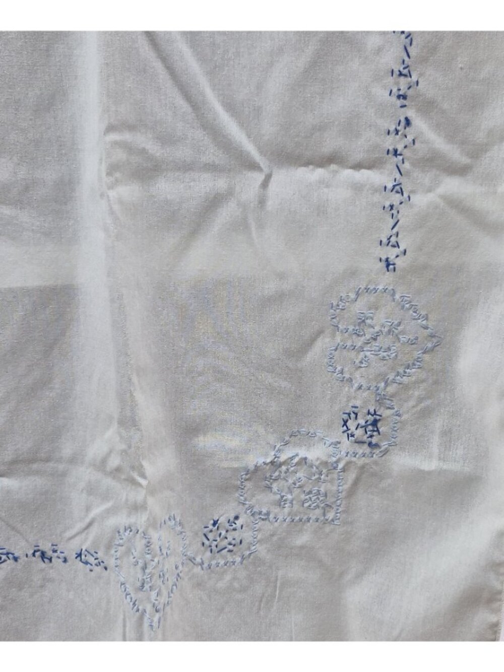 Vintage Hand Embroidered White Tablecloth Blue Cross-Stitch Heart Floral Cotton - Picture 9 of 14
